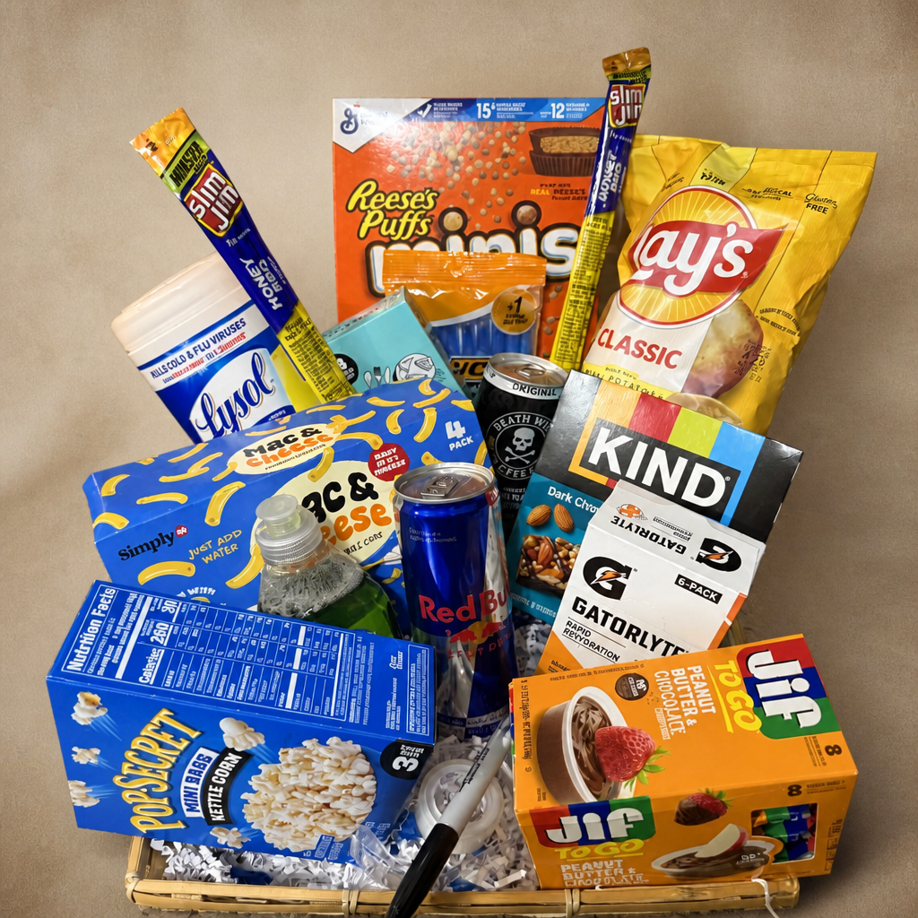 College dorm emergency kit box with popcorn, chips, cereal, energy drinks, snack bars and cleaning wipes
