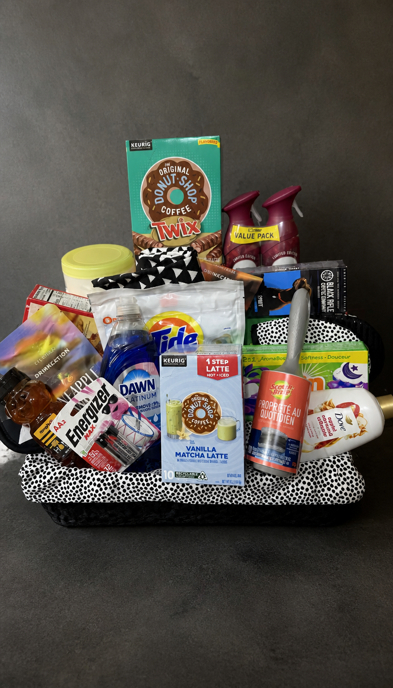 New home thank you box with coffee, laundry detergent, dish soap, batteries and household essentials