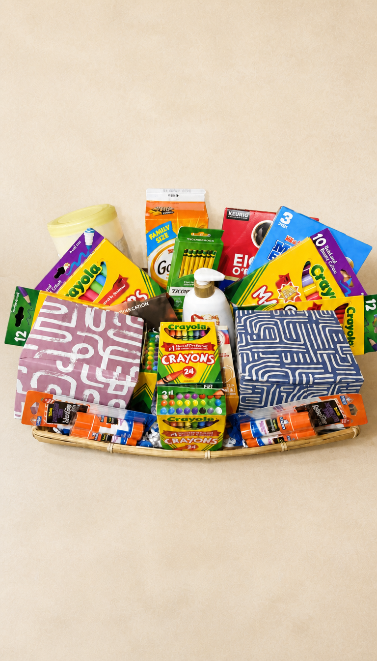 Welcome new teacher classroom box filled with crayons, markers, pencils, glue sticks and classroom supplies