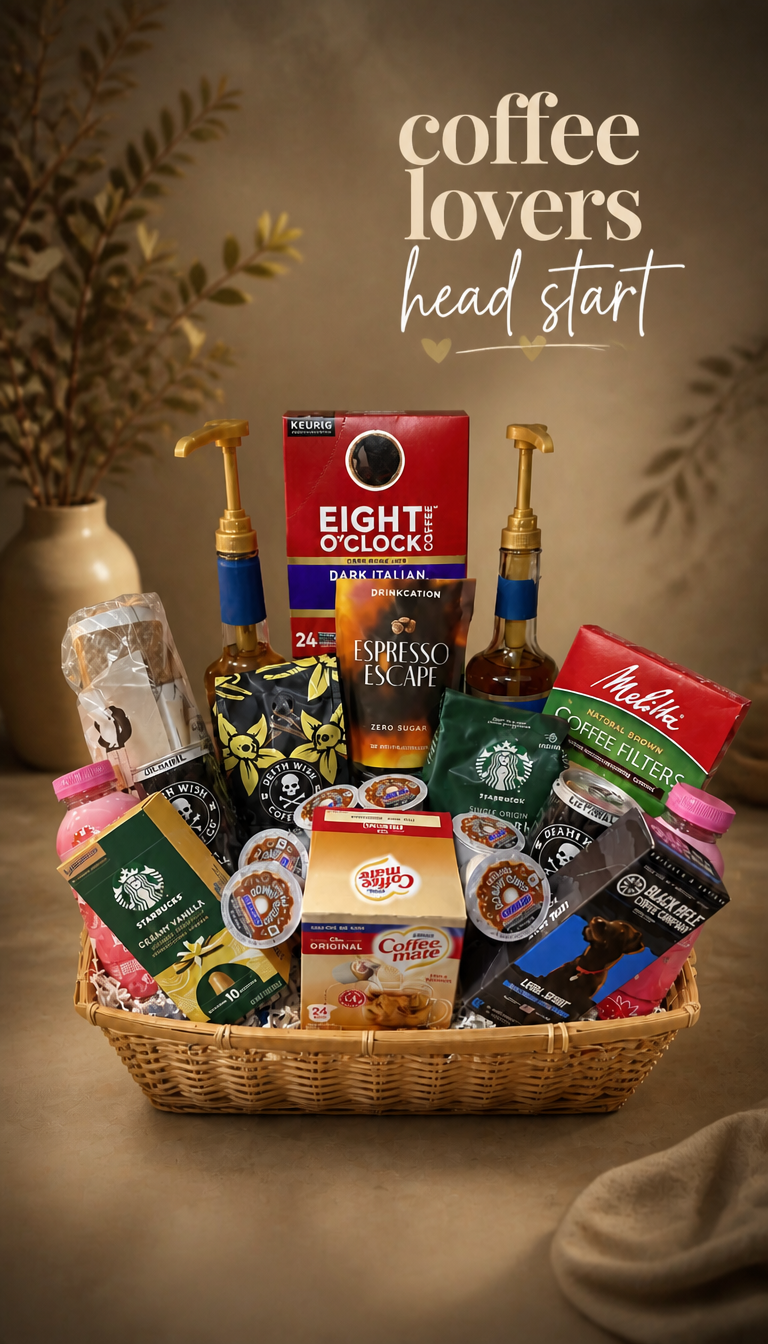 Coffee lovers gift box with ground coffee, K-cups, syrups, creamer and coffee filters in a woven box