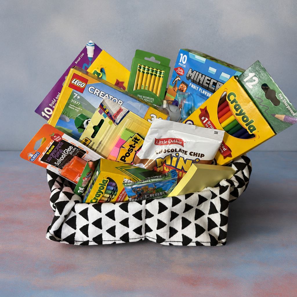 Back to school gift box with a LEGO Creator set, Crayola markers, pencils, sticky notes and snacks