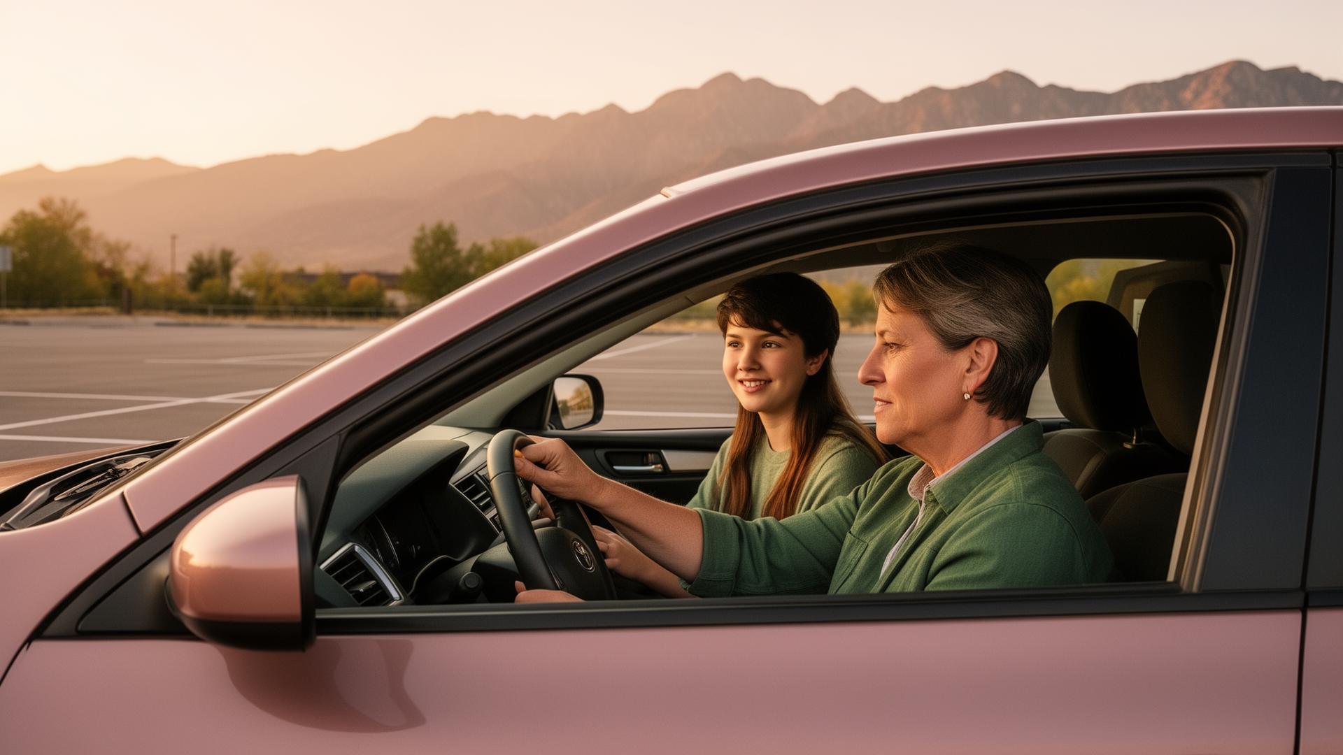 Parent and teen practicing driving at sunset
